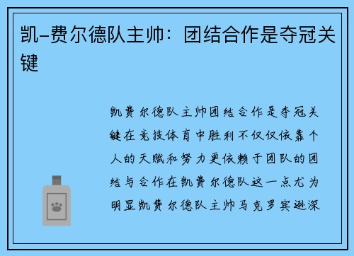 凯-费尔德队主帅：团结合作是夺冠关键