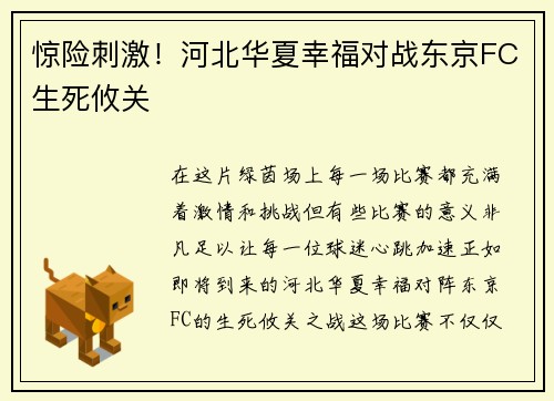 惊险刺激！河北华夏幸福对战东京FC生死攸关