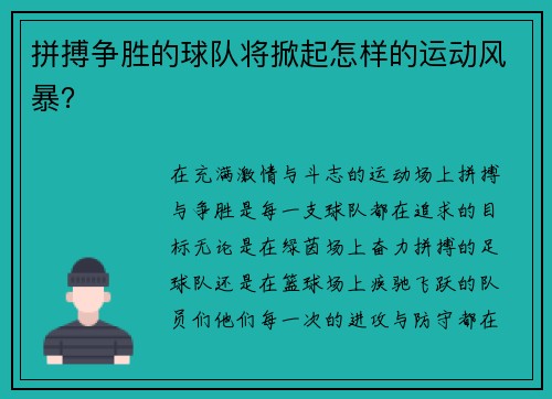 拼搏争胜的球队将掀起怎样的运动风暴？